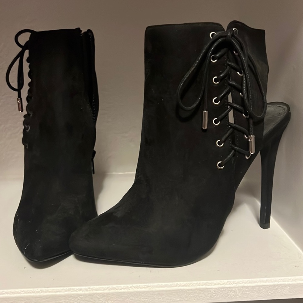 Black booties, faux suede, open heel